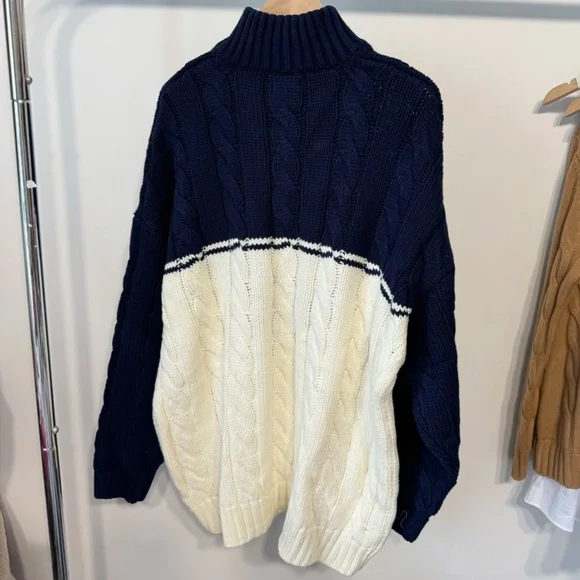 STAUD Hampton Half Zip Cable Knit Long Sweater Knit - Navy/Ivory Casual Two Tone - Picture 7 of 10